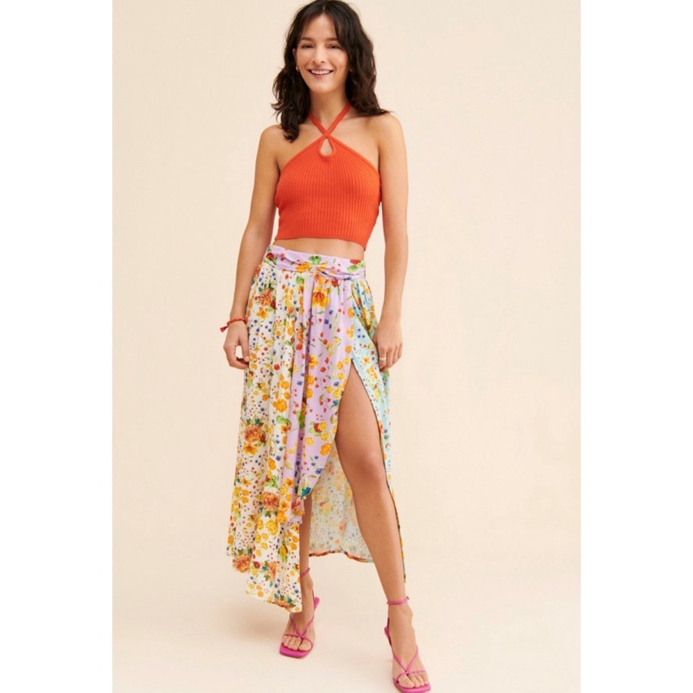 AQUA BENDITA Kayle Floral Patchwork Asymmetrical Midi Skirt Resort Tropical Sz S